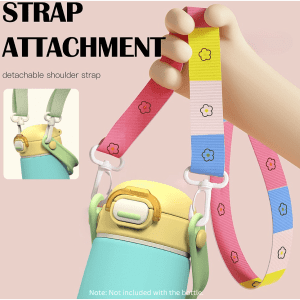 A drink bottle with a pastel blue and yellow design, featuring a detachable multi-coloured shoulder strap and a logo.