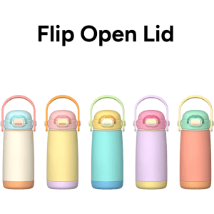 A drink bottle collection featuring five pastel-coloured stainless steel bottles with flip open lids and a logo.