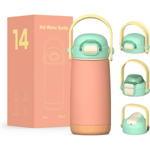 A drink bottle in pastel pink and mint green, featuring a handle and a lid, with an accompanying box in the background.