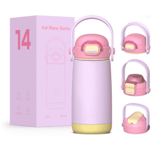 A drink bottle in pink and yellow, featuring a handle and a logo, with a box designed for kids' use.