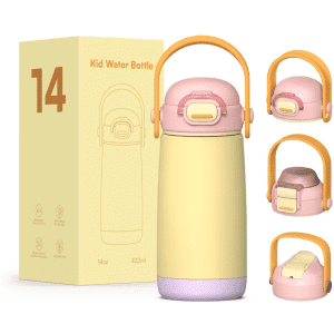 A drink bottle in pastel yellow, pink, and purple with a handle, accompanied by a box and various angle views.