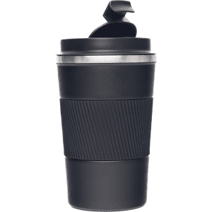 A black reusable coffee cup with a ridged silicone grip and a flip-top lid, featuring a metallic band.
