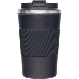 A black coffee cup featuring a ribbed texture and a lid, with a sleek, modern design.