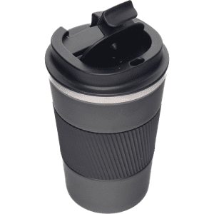 A drink bottle featuring a black exterior, textured grip, and a spill-proof lid. It has a logo on the side.