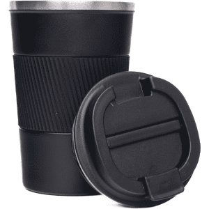 A black coffee cup with a textured grip and a removable lid, featuring a stainless steel top.