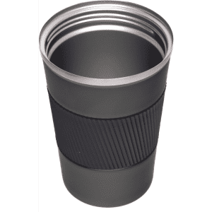 A drink bottle in matte black with a textured black silicone grip and a stainless steel interior.