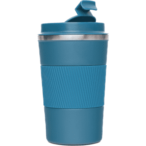 A drink bottle with a teal exterior and a silver band, featuring a lid with a spout and a textured grip.