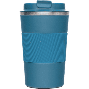 A teal reusable coffee cup with a textured grip and a metal lid, featuring branding on the side.