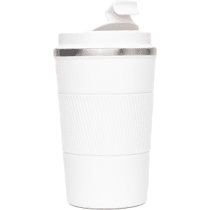 A white coffee cup with a ribbed design, a silver band on top, and a flip lid. It features a logo.
