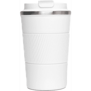 A white coffee cup with a textured grip and a silver band. It has a lid and features a logo.