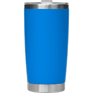 A drink bottle in bright blue stainless steel with a silver rim and a lid, featuring a logo.