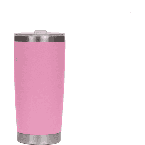 A drink bottle in a vibrant pink finish with a stainless steel base and a lid. It features a logo on the body.