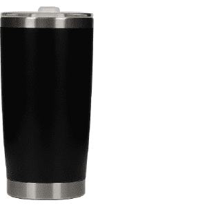 A drink bottle in black stainless steel with a silver rim and a lid, featuring a simple design.