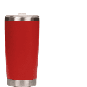A drink bottle featuring a sleek red stainless steel exterior and a silver stainless steel base. It has a lid and a logo.