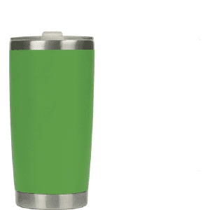 A drink bottle in vibrant green stainless steel with a silver base and fitted lid, featuring a logo.
