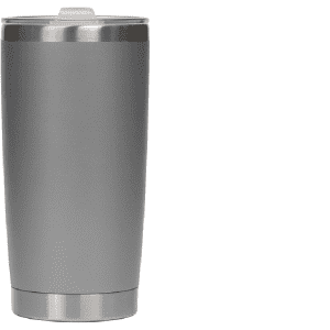 A stainless steel cup in a sleek grey finish, featuring a metallic rim and a logo on the side.