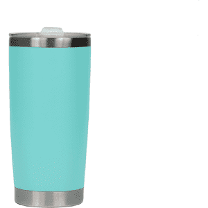 A drink bottle in a solid light blue colour, featuring a stainless steel lid and base, with a logo.