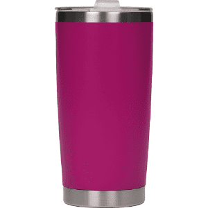 A drink bottle featuring a glossy magenta exterior and a stainless steel base, complete with a lid.