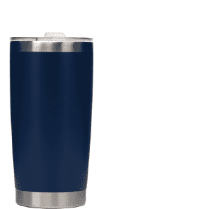 A drink bottle in a deep navy blue with a stainless steel base and a lid. Features a logo on the side.