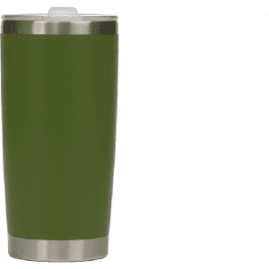 A drink bottle in matte olive green stainless steel with a silver rim and a clear lid. Features a logo.
