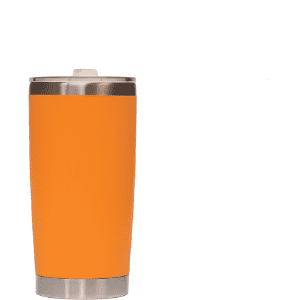 A drink bottle with an orange stainless steel body and a silver rim, featuring a lid.