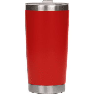 A drink bottle in vibrant red with a stainless steel base and a lid, featuring a logo.