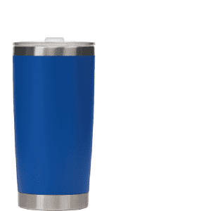 A drink bottle featuring a blue stainless steel design with a silver rim and a lid, branded with a logo.