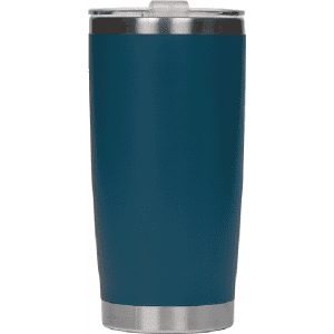 A stainless steel cup in a dark teal colour with a silver rim, featuring a lid.