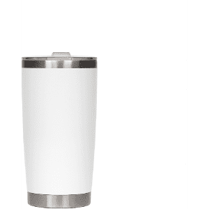 A drink bottle in white stainless steel with a silver lid and a logo.