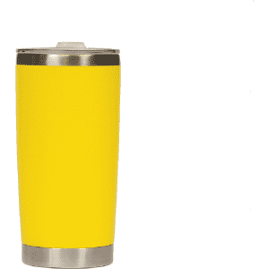 A drink bottle in vibrant yellow with a stainless steel base and a lid. It features a logo.