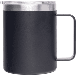 A coffee mug in matte black with a stainless steel lid and handle. It has a logo on the side.