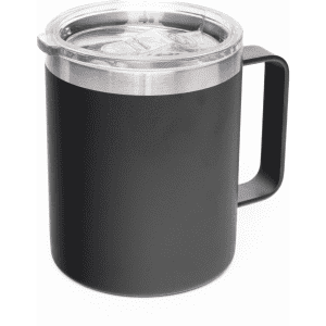 A coffee mug with a black exterior, transparent lid, and a sturdy handle, featuring a logo.