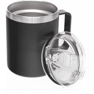 A black coffee mug with a stainless steel interior and a clear lid. The mug features a handle and a logo.