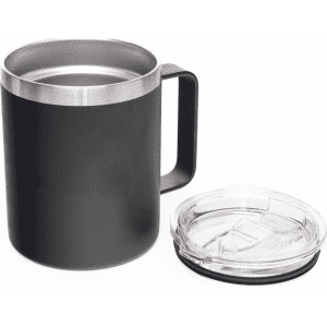 A black 350ml coffee mug with a stainless steel rim and a clear lid. The mug has a sturdy handle and a branding logo.