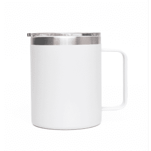 A white coffee mug with a stainless steel lid and handle. It features a logo on its surface.