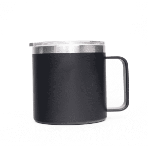 A black 400ml coffee mug with a stainless steel lid and handle. Features a branding logo.
