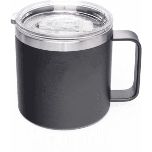 A black 400ml coffee mug with a clear lid and a sturdy handle, featuring a simple design.