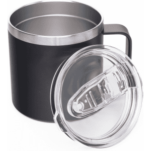 A 400ml black coffee mug with a stainless steel rim and a clear lid. It features a sturdy handle and a logo.