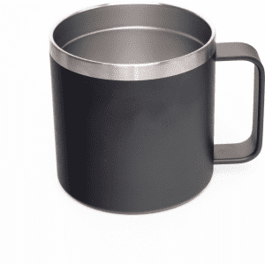 A 400ml coffee mug with a sleek black finish and a metallic rim, featuring a sturdy handle.