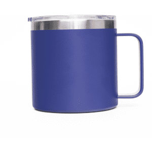 A 400ml coffee mug in matte purple with a stainless steel lid and a sturdy handle, featuring a logo.
