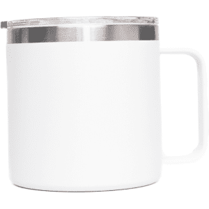 A white coffee mug with a stainless steel lid and a sturdy handle, designed for hot beverages.