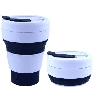 A collapsible silicone cup in white and black, featuring a lid and a logo. Two sizes are stacked together.