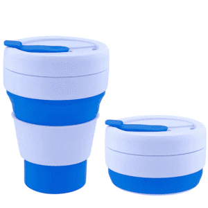 A collapsible silicone cup in blue and white, featuring a lid and a stacked design. It has a logo on the side.