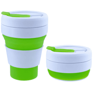 A collapsible silicone cup in green and white, featuring a lid and a logo. Two sizes are displayed, stacked together.