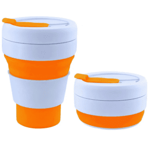 A collapsible silicone cup in white and orange, featuring a lid and branding. It has a 355ml capacity.