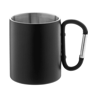 A drink bottle with a black exterior and stainless steel interior, featuring a metal carabiner handle.
