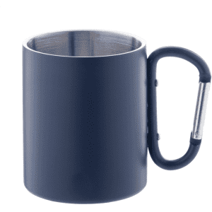 A drink bottle in navy blue with a stainless steel interior and a carabiner-style handle. It features a logo.