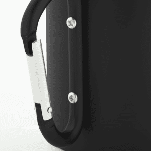 A drink bottle featuring a sleek black design with a metallic handle and silver screws, accompanied by a logo.