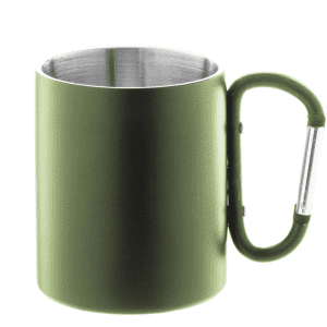 A green thermo mug with a stainless steel interior and a carabiner-style handle. It has a logo.