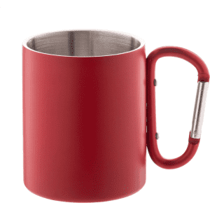 A red thermo mug with a stainless steel interior and a carabiner-style handle. It has a branding logo.